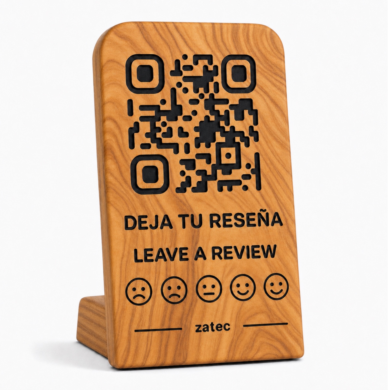 Soporte zatec completo con QR, texto en español e inglés y peana integrada