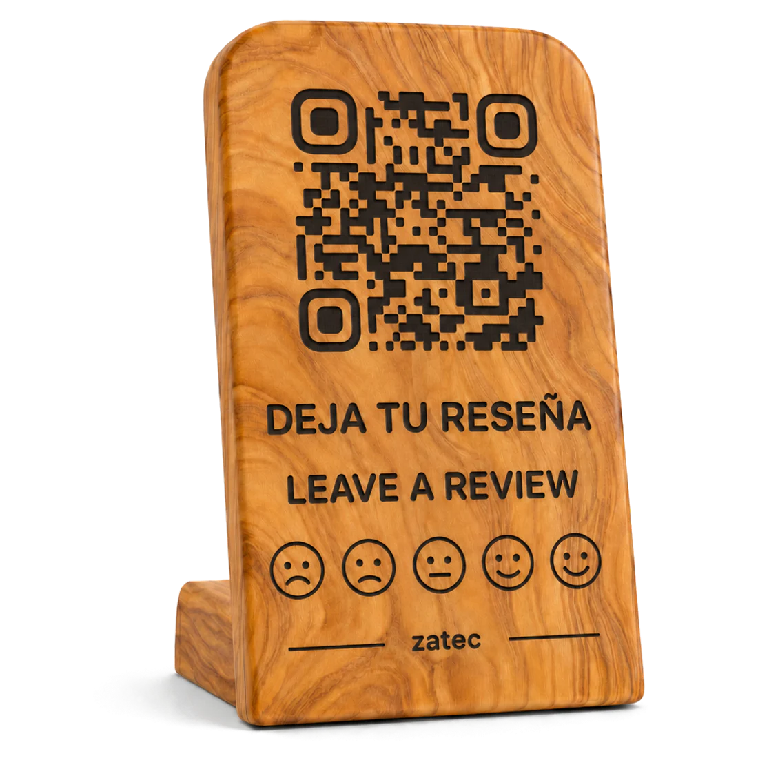 Pieza de olivo zatec con código QR y el mensaje Deja tu reseña